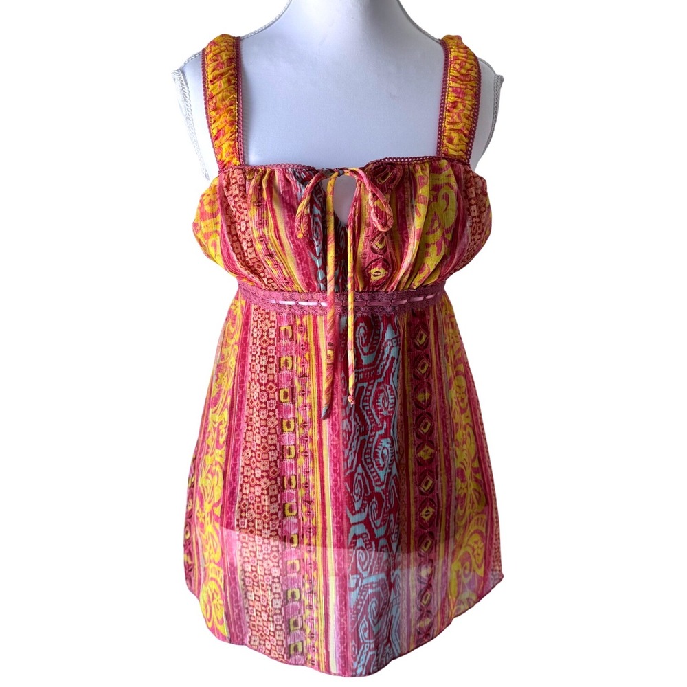 Y2K Jordache Babydoll Cami Top Fairy Boho Whimsy Vintage Halter Pink Yellow M7/9